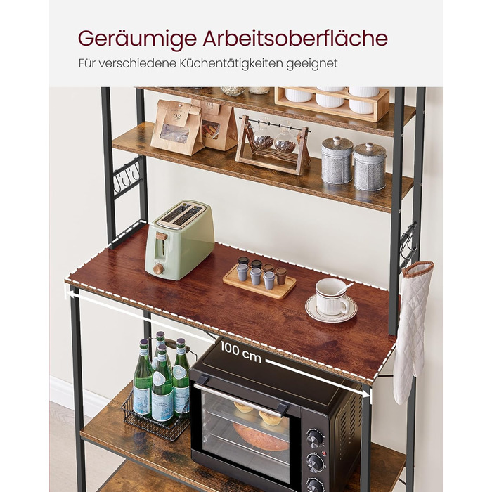 Стелаж кухонний VASAGLE з 6 полицями та гачками, 40 x 60 x 167 см, колір горіх + білий