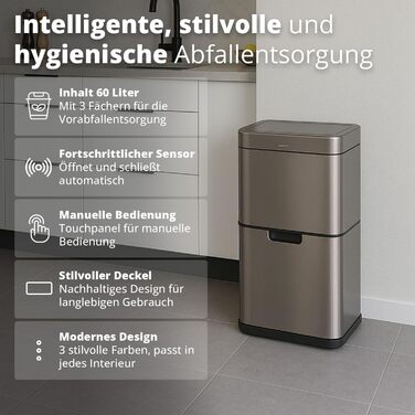 Сортувальний відро для сміття FLINQ Senzaro Sensor 3 відділення (2x12л + 36л) - 60л, нержавіюча сталь, автоматичне відкриття, для кухні