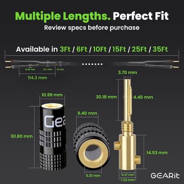 Акустичний кабель GEARit OFC 2x6 мм² (14 AWG) з позолоченими банановими роз'ємами, HiFi аудіо кабель для колонок, 3 м, чорний, 2 шт. в комплекті