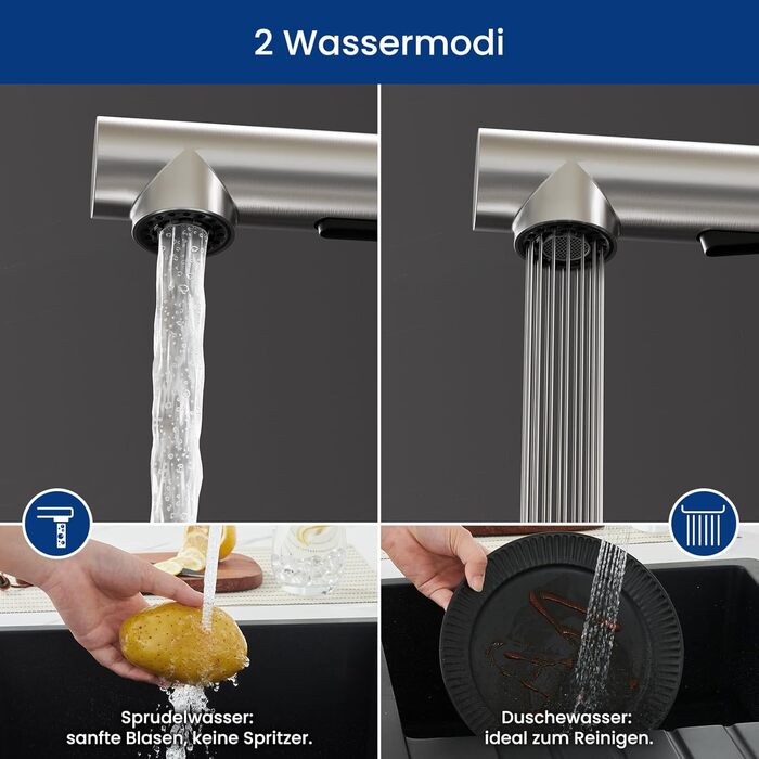 Змішувач для кухні CECIPA X203B чорного кольору з висувною лійкою, поворотний на 360°, з двома режимами струменя, нержавіюча сталь