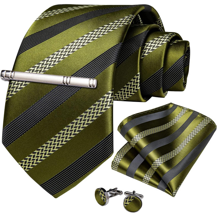 Набір краваток, нагрудних хустинок, запонок та затискачів для краватки DiBanGu для чоловіків. Оливково-чорний колір, смугастий, для весілля, бізнесу та офіційних заходів.