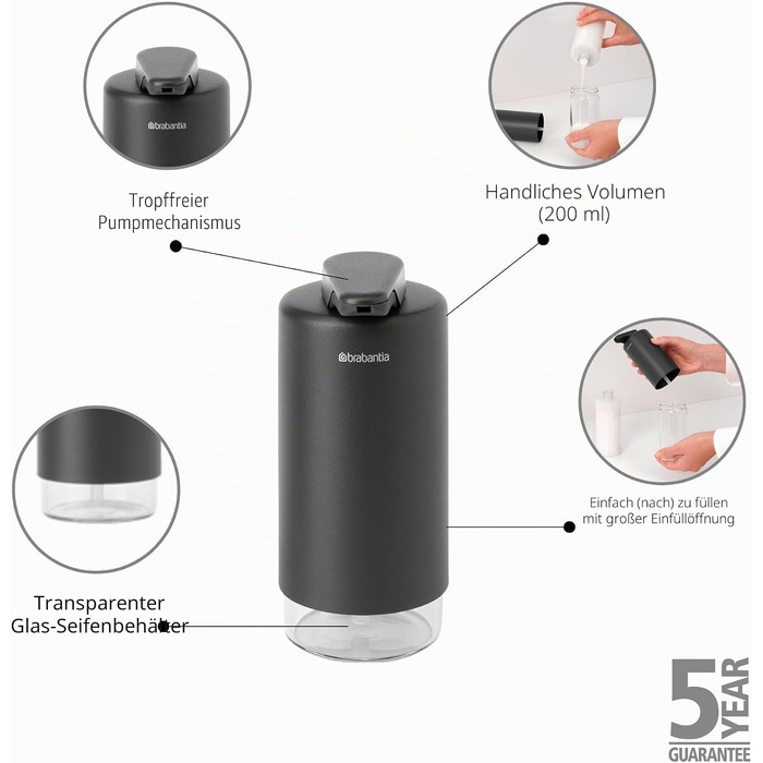 Brabantia Набір дозаторів для мила та миючих засобів, 2 шт., металевий, сірий Infinite Grau, 2 x 200 мл