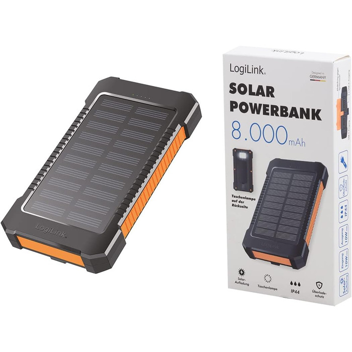 Портативний зарядний пристрій Solar Powerbank 8000 mAh з ліхтариком, чорно-помаранчевий, заряджає 2 пристрої (2x USB Type-A)