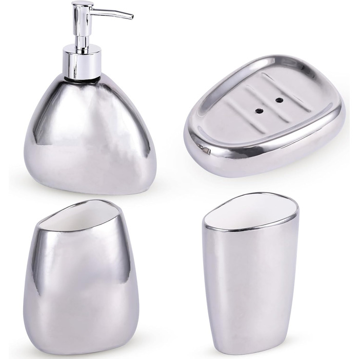 XYQXYQ Elegant 4-Piece Galvanized Ceramic Bathroom Set, featuring a lotion dispenser, mouth rinse cup, soap dish, and toothbrush holder, modern bathroom decoration set (white) (silver)