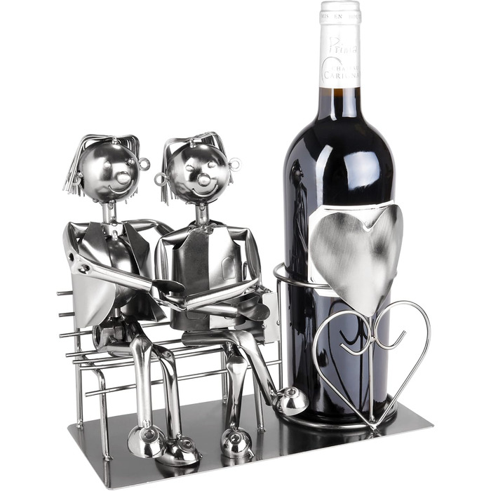 BRUBAKER Bottle Holder Men Loving Couple on Bench - Wine Bottle Holder Man + Man Silver - Bottle Stand Metal Figure Love - Metal Sculpture Gift for Married Couples with Gift Card