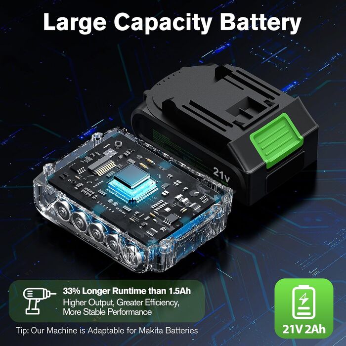 Ginour 21V акумуляторний ударний дриль-шуруповерт, комплект 47 предметів, сумісний з Makita 18V, 50 Nm, 2 швидкості, LED, 10 мм