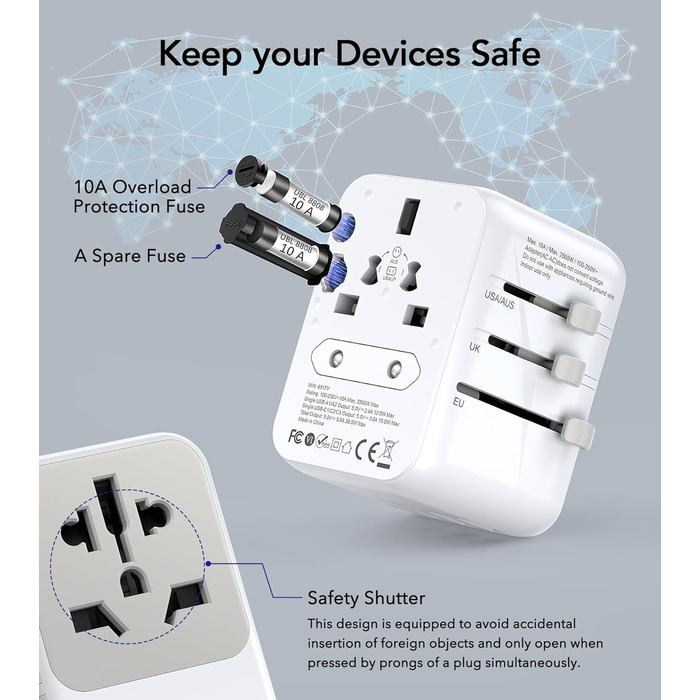 Зарядний пристрій USB C 65W, 3 порти, з кабелем 2м, для MacBook, iPhone, Switch, Galaxy, Tablet, Laptop