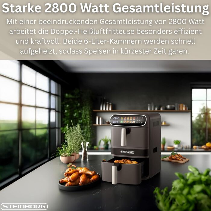 Фритюрниця Steinborg® Heißluft XXL 12 літрів з подвійною камерою, 6+6 літрів, для смаження, запікання, сушіння та грилю без олії
