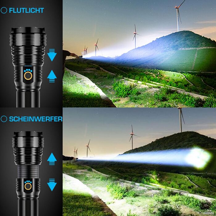 Ліхтарик Glarylight LED акумуляторний 500000 люмен, надяскравий XHP70.2, USB зарядка, водонепроникний IPX7, зум, для вулиці та екстрених ситуацій
