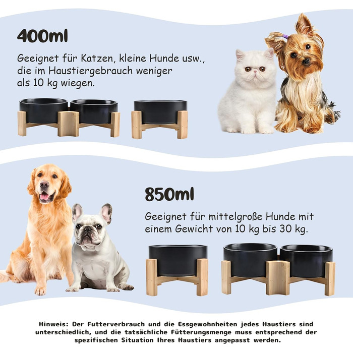 Керамічні годівниці для собак та котів SPUNKYJUNKY з дерев'яною підставкою (400 мл x 2, чорний)