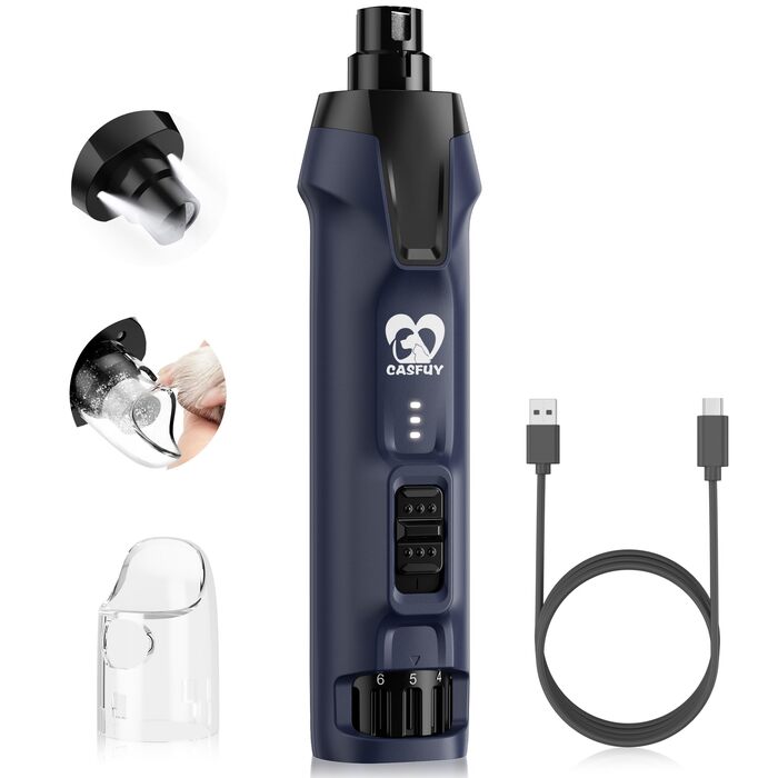 Електричний тример для собак Casfuy 6-в-1 з підвищеною потужністю (50%), тихий, з LED-підсвіткою та збирачем пилу, 4.8V, для великих порід (блакитний)