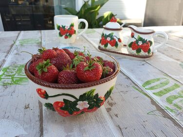 Dolomite sugar bowl with spoon, milk jug, and plate as a 3-piece set, with strawberry relief, size approx. 19 x 10.5 cm, 12