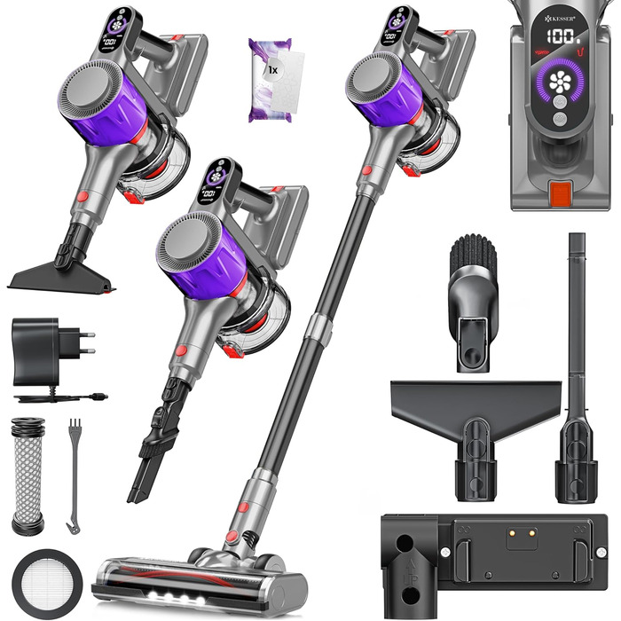 Бездротовий акумуляторний пилосос KESSER® з LED-дисплеєм, до 60 хвилин роботи, тихий, без мішка, з антизаплутаною насадкою, HEPA-фільтром, аромакапсулою (чорний/сірий)