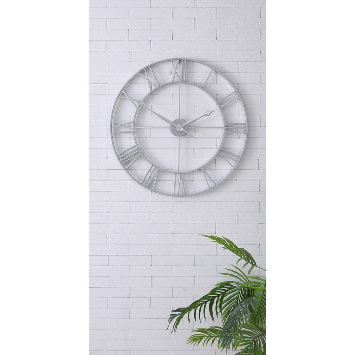 Samilito Large Wall Clock in Vintage Style, Round, Silent, Silver. Includes a FREE extra set of black clock hands. Metal clock for Loft, Living Room, Bedroom, and Kitchen decoration (Silver, 76 cm)