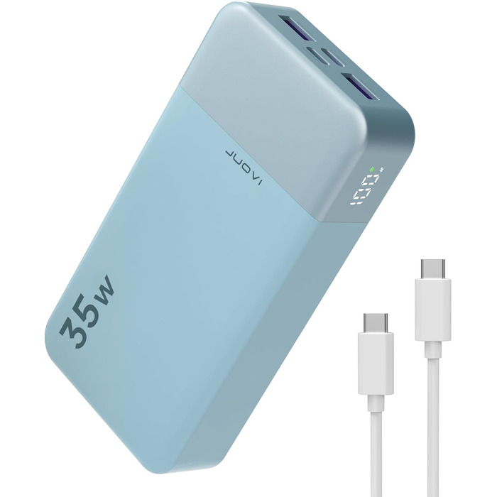 Powerbank JUOVI 20000mAh з LED дисплеєм: швидка зарядка 35W, 2 USB-C, 2 USB-A, PD 3.0, QC 4.0, синій