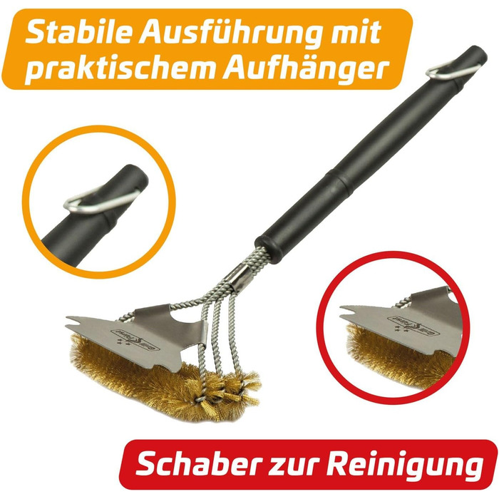 3X Grillfürst Premium Grill Brush with Brass Bristles, 45 cm - Grill Cleaning Brush for Grill Grates, Grill Grate Brush with Wide 3-Section Brush Head and Scraper