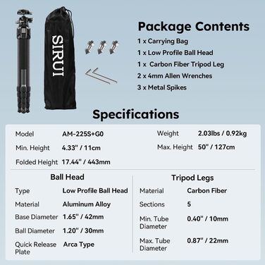 Штатив SIRUI AM-225 Carbon з кульковою головкою 360° (B-00K), 127 см, 0.93 кг, 6 кг. Легкий та компактний професійний штатив з 5 секціями, швидкознімною платформою