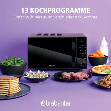 Мікрохвильова піч Brabantia з грилем, 20 літрів, 700W, окремо стояча, 13 автоматичних програм, 6 рівнів потужності, цифровий таймер, великий об'єм, чорна