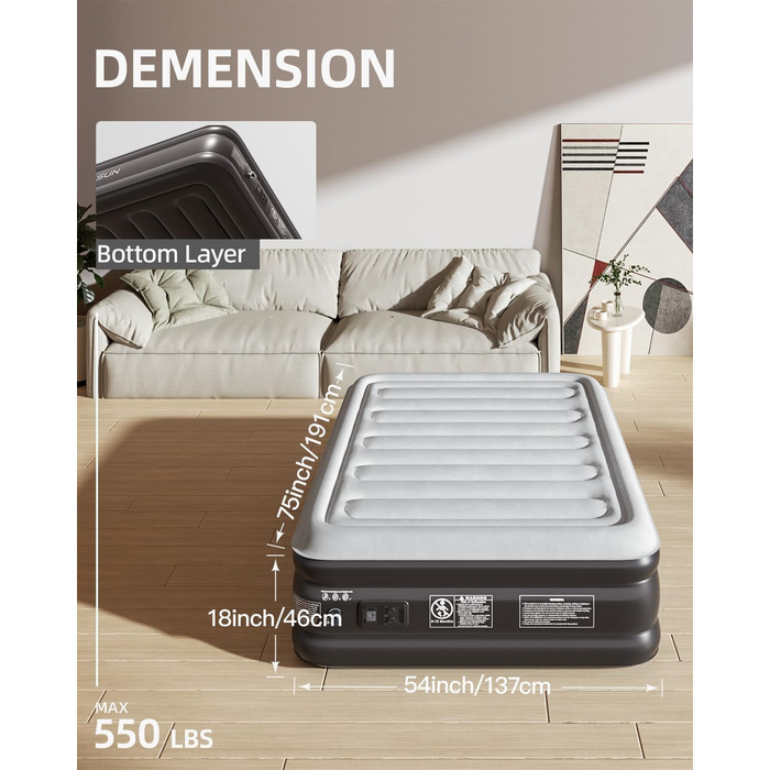 Надувна двоспальна матрац ChillSun з електричним насосом, самонадувна за 3 хвилини, з велюровою поверхнею, для дому, 191x137x46 см