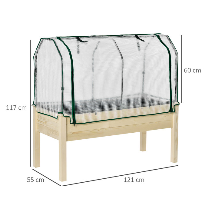 Outsunny Raised Garden Bed Cold Frame 121x55x117 cm made of Fir Wood with Protective Film and Drainage Holes, Waterproof for Garden & Balcony in Natural Color