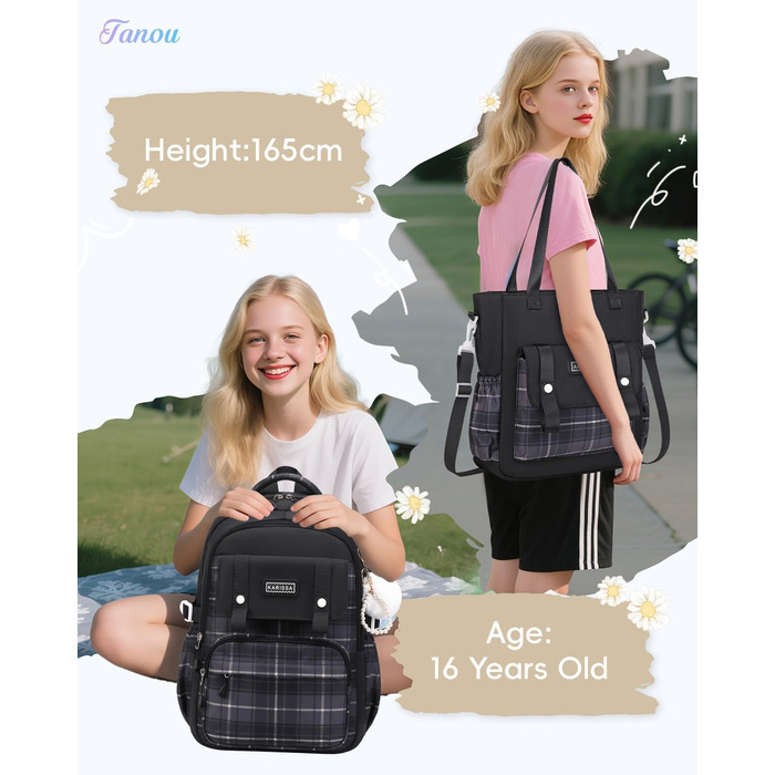 Шкільний рюкзак Tanou для дівчаток-підлітків, великий набір з сумкою через плече, в клітинку, 26л (чорний)