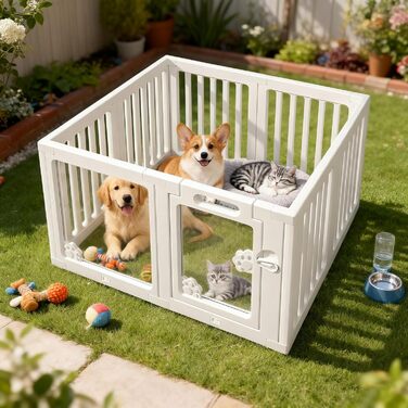 Клітка для собак з дверцятами, безпечна клітка для собак, цуценят, котів, кроликів, горностаїв, легка у встановленні та чищенні, пластикова клітка з анкерами та присосками для маленьких тварин (100 x 100 см)