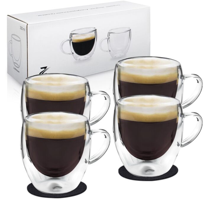 Набір з 4 еспресо-чашок Zobel 80 мл з подвійними стінками та ручкою з боросилікатного скла, з фетровими підставками. Можливе миття в посудомийній машині, термостійкі. Ефект левітації.