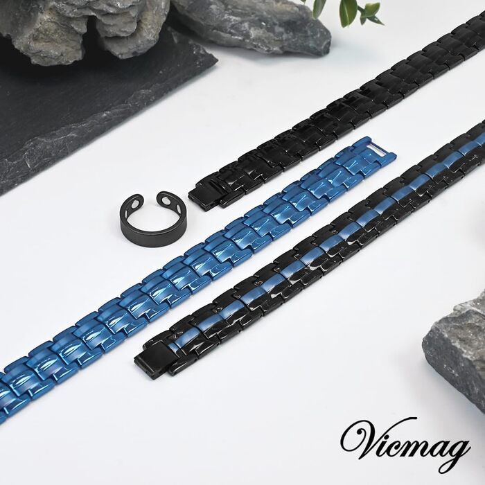 Браслет магнітний чоловічий Vicmag з титанової сталі, подвійна лінія магнітів, регульований, з інструментом та подарунковою коробкою (Чорний, 4 елементи)