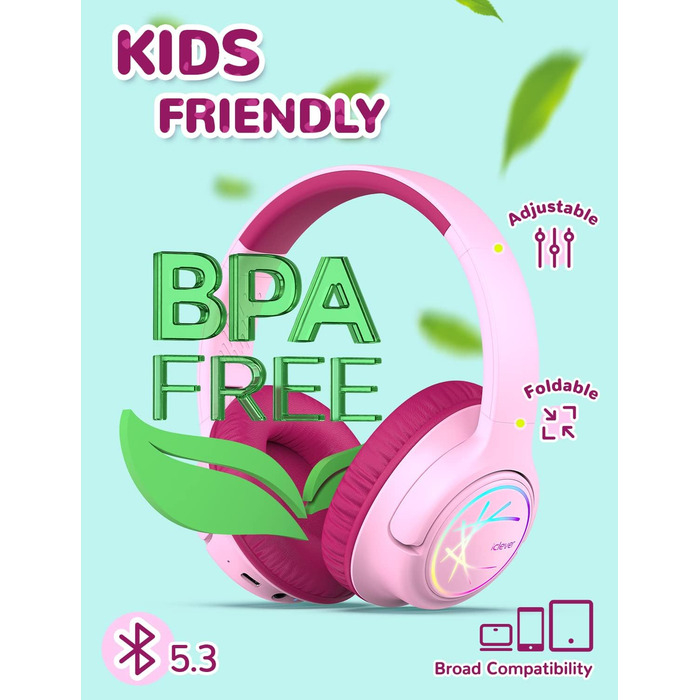 iClever Дитячі навушники Bluetooth з LED-підсвічуванням, обмеження гучності 74/85 дБ, 43 години роботи, стерео звук, Type-C, AUX-кабель, Bluetooth 5.3, для планшетів/подорожей, рожеві