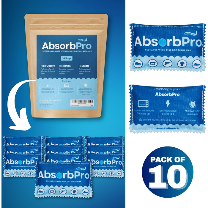 Absorb Pro Rechargeable Moisture Absorber Bags, 10 Pack, 100g, Reusable Moisture Absorbers, Silica Gel Packets for Trash Cans, Gym Bags, Gun Safes, Food Storage