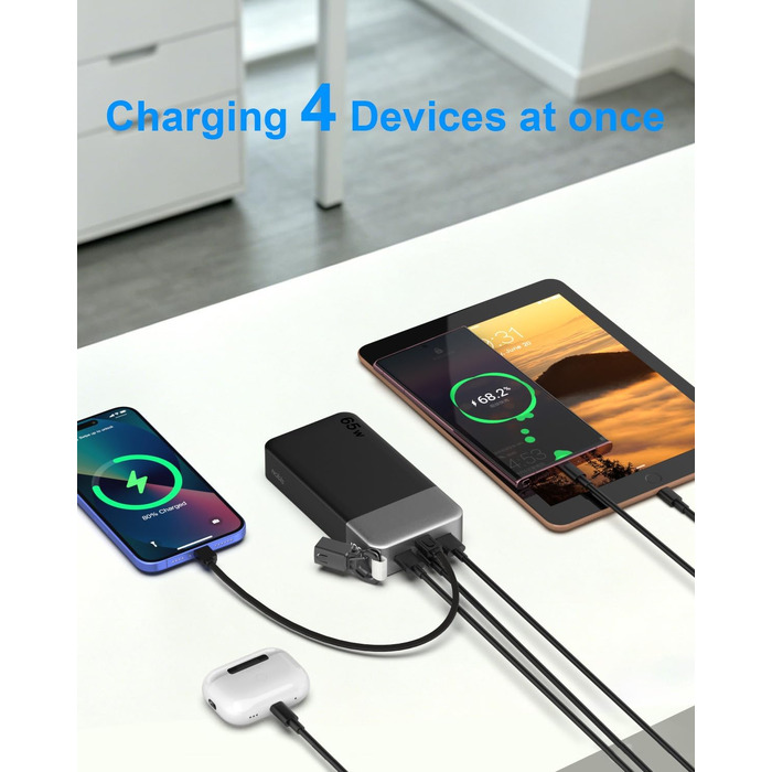 Повербанк NOBIS 20000 mAh 65W з вбудованим кабелем, швидка зарядка, 2x USB-C та 2x USB-A, для ноутбуків, планшетів та смартфонів, чорний