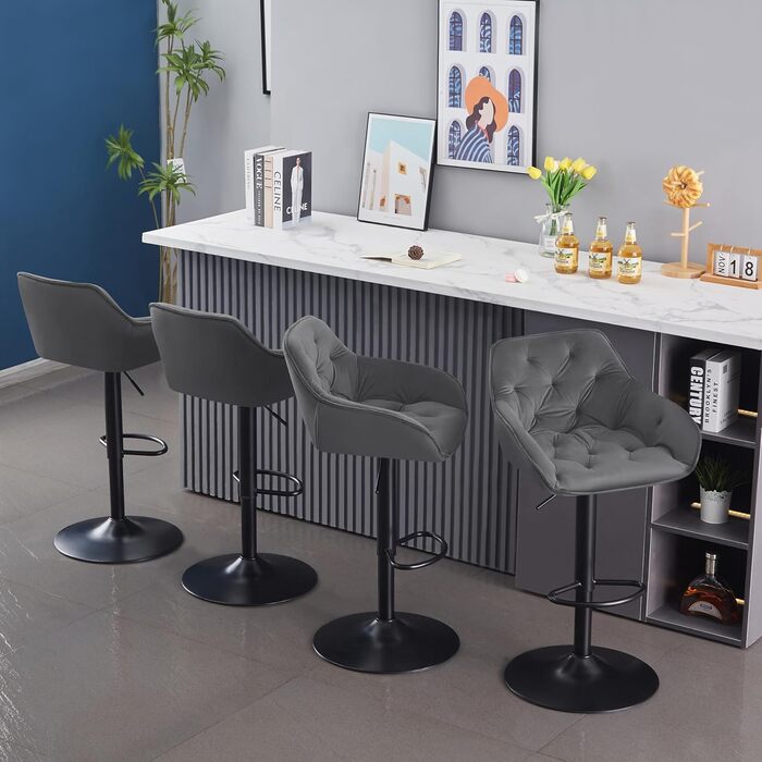 JaHECOME Adjustable Bar Stools Set - 4 Grey Counter Height Stools with Backrest for Kitchen Bar - Velvet Upholstered