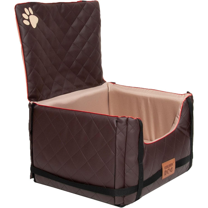 Автомобільний лежак для собак Golden Dog - безпечний транспортувальний бокс з ременями безпеки, 52x44x33 см, коричневий, з водонепроникної шкіри