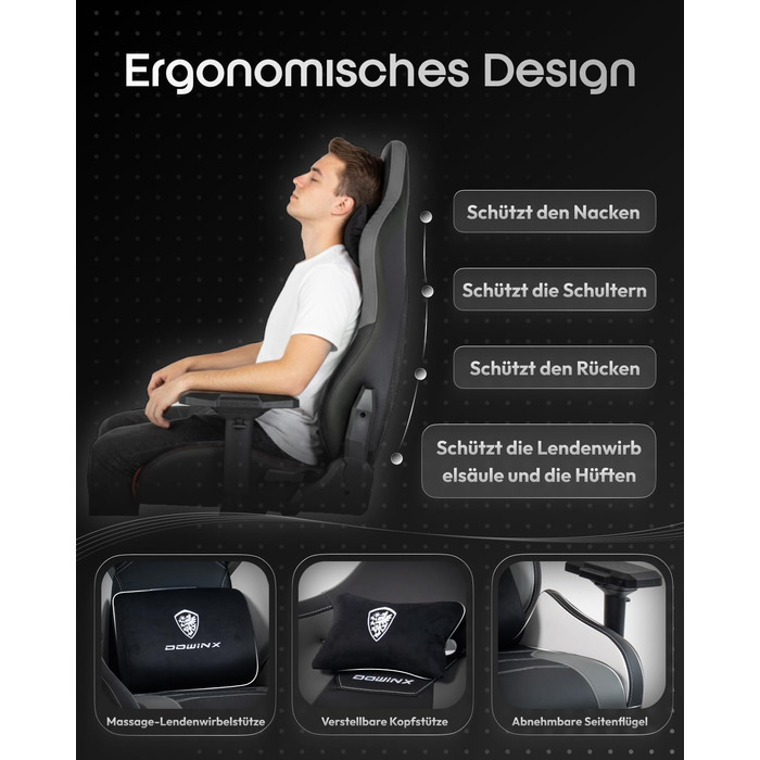 Ігровий крісло Dowinx з 4D підлокітниками, функцією гойдання 15° та регулюванням спинки до 165°, масажний, ергономічний, дизайн у стилі гоночного авто, для геймерів, Esport, вантажопідйомність 135 кг, сірий