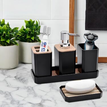 Набір аксесуарів для ванної кімнати Volumoon 5 шт. з бамбука: миловарка, стаканчик для зубної щітки, миловарка, мильниця, чорний. Декоративні аксесуари для ванної та умивальника.