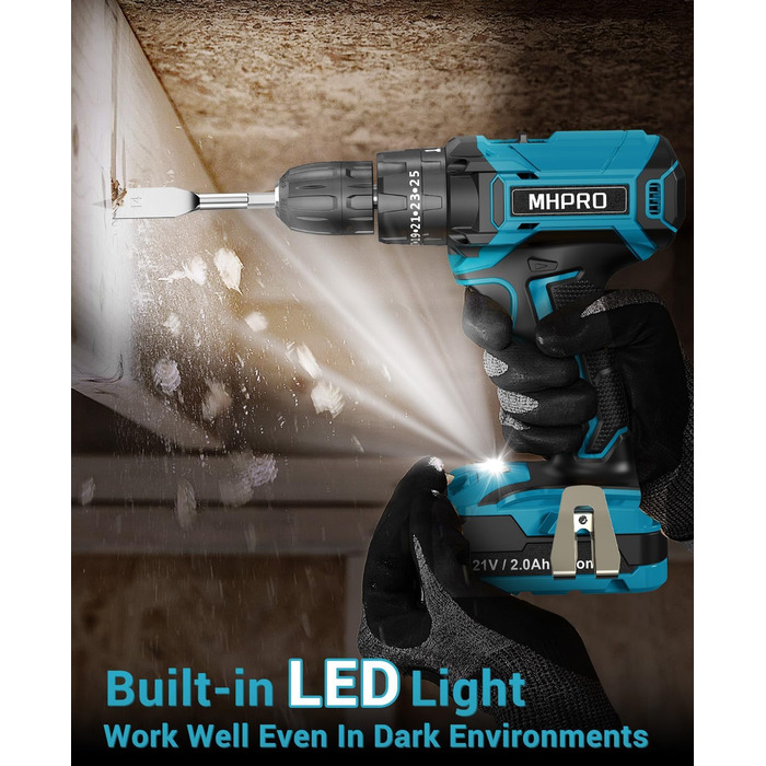 Акумуляторний шуруповерт MHPRO 21V з 2 акумуляторами 2.0Ah, 42Nm, 25+3 ступені крутного моменту, LED, 10мм патрон, 14-ти частинний набір для дому та саду
