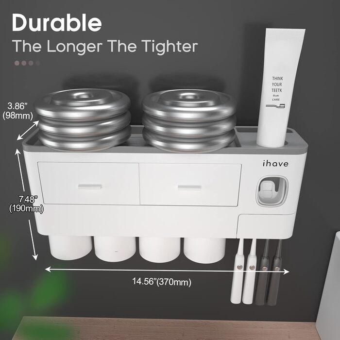 iHave Toothbrush Holder Wall Mounted, 4 Cup Toothbrush Holder with Toothpaste Dispenser - Tray with Large Capacity, 2 Cosmetic Drawers - Bathroom Organizer Storage, White