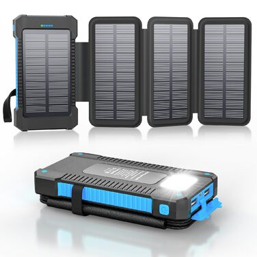 Портативний зарядний пристрій Solar Powerbank 26800 mAh з сонячною панеллю, USB-C, 18W, IPX7, водонепроникний, для iPhone, Samsung та інших, з ліхтариком (SOS, стробоскоп), блакитний