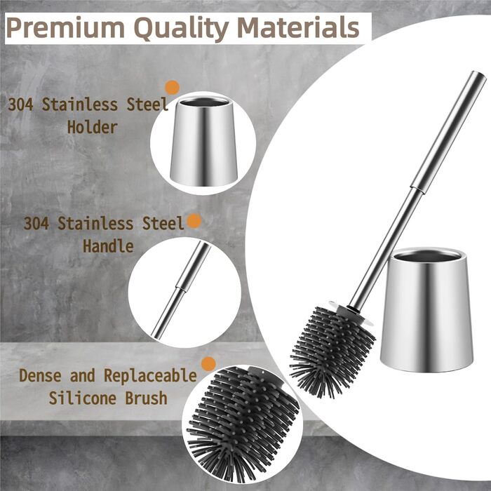 Щітка для унітазу з нержавіючої сталі 304, довговічна та надійна, сучасний дизайн, змінний насадок, для дому, офісу, готелю та апартаментів (Бурштун), насадка з силіконової щетини