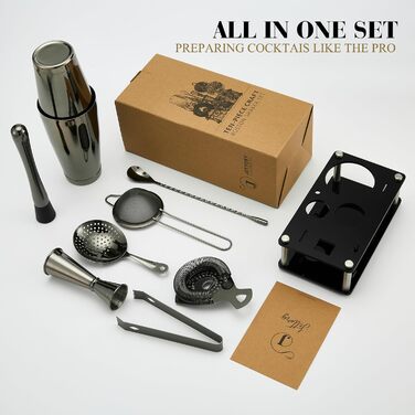 Boston Shaker Set – 10-Piece Stainless Steel Cocktail Shaker Set with Acrylic Base, Hawthorne Strainer, Ice Tongs, Bar Spoon, Jigger, Muddler – Perfect for the Home Bar (Black)