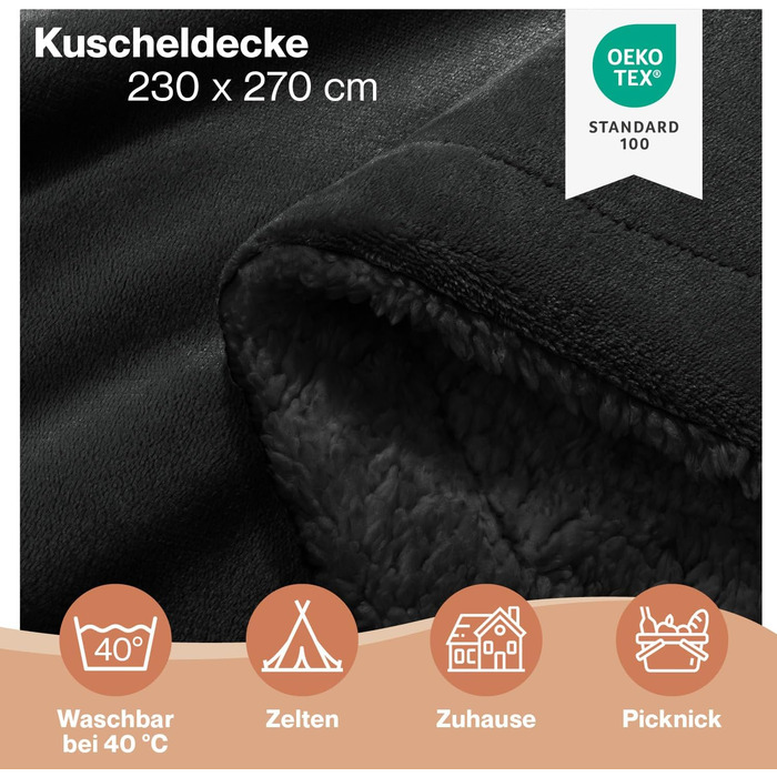 Плед з м'якої шерпи Blumtal Premium, 230x270 см, чорний - сертифікат Oeko-Tex