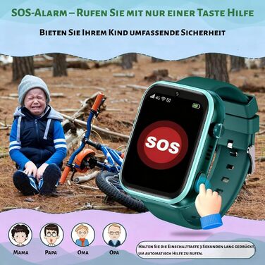 OKYUK Smartwatch для дітей 4G з GPS-трекером, двосторонніми дзвінки, SOS, стильний дизайн для хлопчиків та дівчаток 6-12 років (темно-зелений)