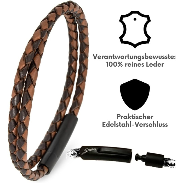 Преміум шкіряний браслет ручної роботи з Німеччини, унісекс. Шкіряний браслет-обгортка з нержавіючої сталі, коричневий, розмір XL (18-19 см)
