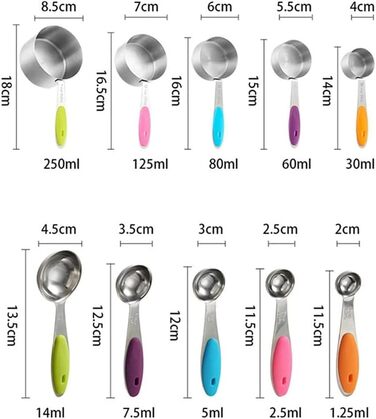 FBHappiness 10-Piece Stainless Steel Measuring Cups and Spoons Set, 5 Measuring Cups and 5 Measuring Spoons with Colored Silicone Handles (Color: A, Size A