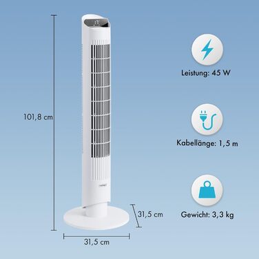 VonHaus Турмовентилятор 102 см, Електричний вентилятор зі WiFi, Управління Alexa/Google Home, Пульт, Таймер 12 год, Обертання 70°, для дому та офісу, Білий