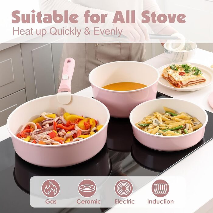 SENSARTE 17-Piece White Non-Stick Cookware Set with Detachable Handles - Induction, Dishwasher & Oven Safe, Healthy RV Cookware