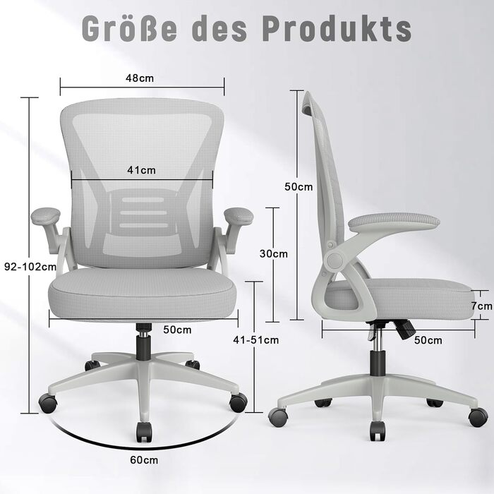 Офісний стіл Naspauluro з регульованими підлокітниками, ергономічний стілець з сітчастою спинкою, підтримкою попереку, регульованою висотою, м'яким сидінням, поворотним на 360°, сірий, без підголівника