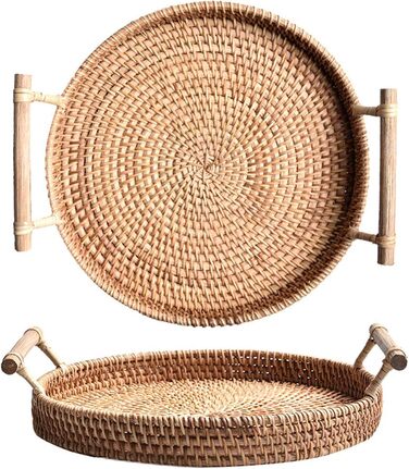 Rattan Round Serving Tray, Woven Basket Tray with Wooden Handles (28 cm)