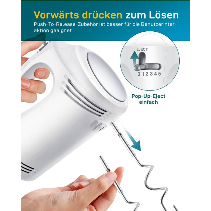 Ручний міксер 350 Вт, 5 швидкостей, з нержавіючої сталі (віночок та гак), ергономічна ручка, довгий кабель, BPA-free – білий KS1 S1