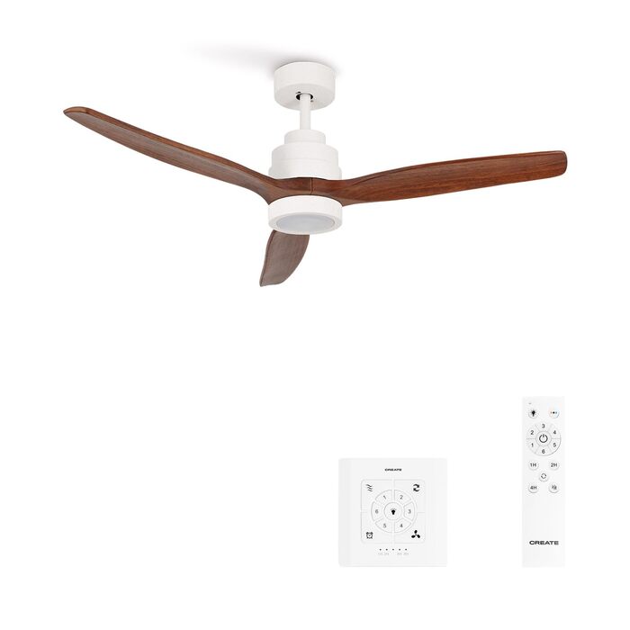 Вентилятор стельовий CREATE WINDSTYLANCE Natural Wood з підсвічуванням, білий, Wi-Fi, пульт, 40W, Ø132 см, літній/зимовий режим, дерев'яні лопаті, з вимикачем на стіні